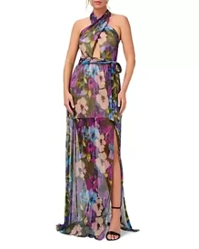 Image of Aidan by Aidan Mattox Crinkle Mesh Floral Print Halter Dress