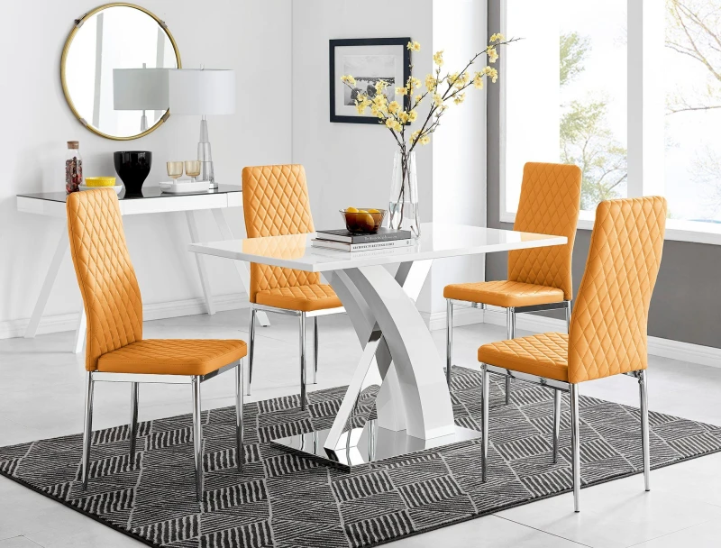 Image of FurnitureboxUK FurnitureboxUK Atlanta White High Gloss and Chrome 4 Seater Dining Table with X Shaped Legs and 4 Faux Leather Milan Chairs in Mustard