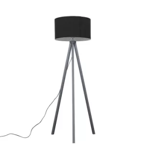 Image of Barbro Painted Grey Wood Tripod Floor Lamp With XL Black Shade