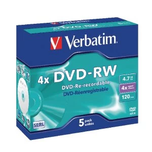 Image of Verbatim DVD RW 4X 4.7GB Pack of 5 43285