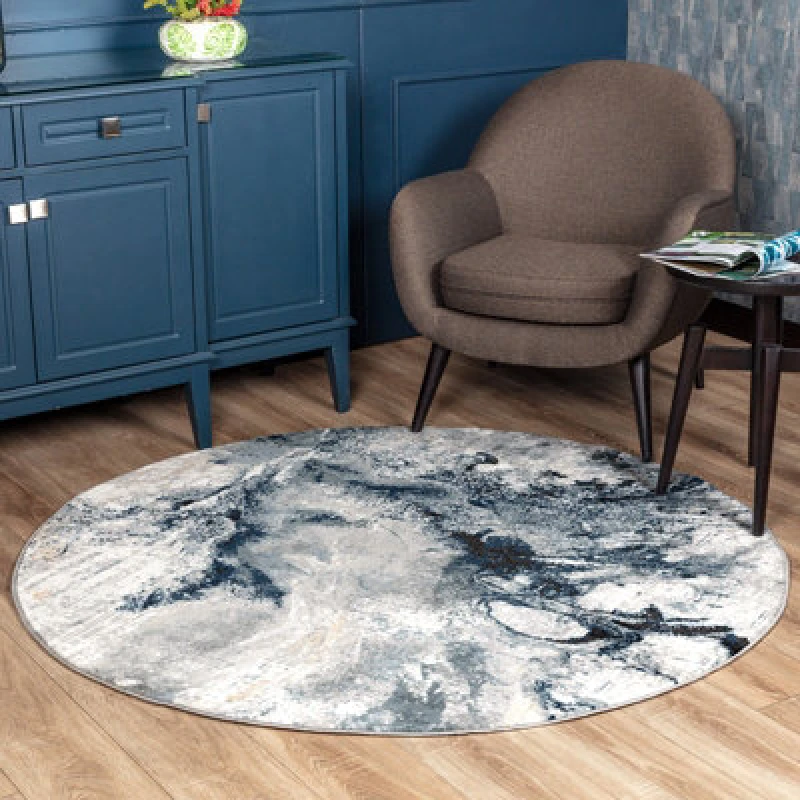 Image of Livabliss Round Abstract Modern Marble Dark Blue Emma Area Rug 200 X 200 Cm - Easy Care, Non Shedding, Ideal For Living Room & Bedroom