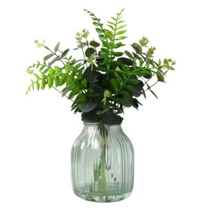 Image of Faux Greenery in Pale Green Coloured Ribbed Glass Vase