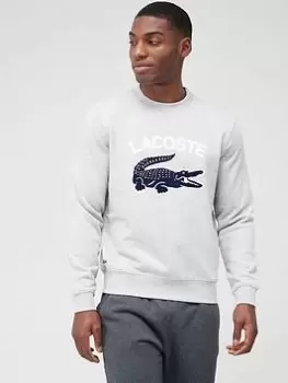 Image of Mens Lacoste Crocodile Print Crew Neck Sweatshirt Size 4 - M Grey Chine