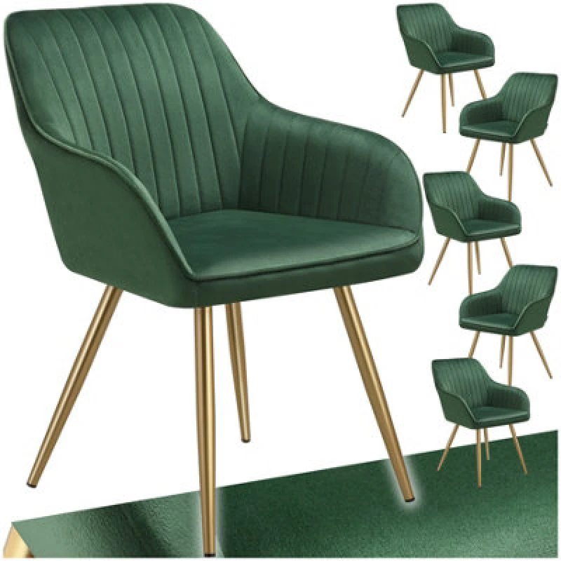 Image of Tectake Set Of 6 Dining Chair Marilyn - Quilted Velvet, Continuous Backrest, Gold Steel Legs - Dark Green/gold