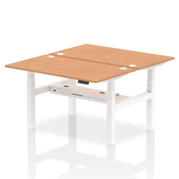 Image of Air Air Back-to-Back 1400 x 800mm Height Adjustable 2 Person Bench Desk Oak Top with Cable Ports White Frame HASCP2P14800OAKW