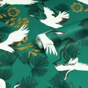 Image of Furn. Demoiselle Jade Green Botanical Printed Wallpaper