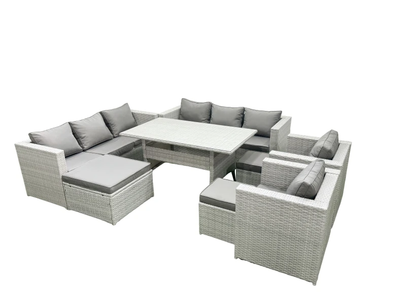 Image of Fimous Rattan Garden Furniture Set Outdoor 8 Seater Patio Dinin g Sofa Sets with Dining Table 2 Chairs 3 Footstools Light Grey Mixed Light Grey