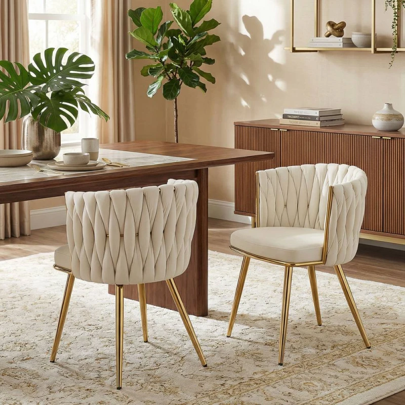 Image of HOMCOM Upholstered Kitchen Chairs Set of 2 with Woven Backrest in Cream Size: 2 Pack Cream Unisex 2 Pack