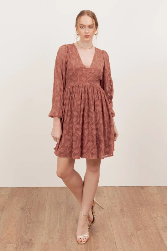 Image of Lovedrobe Womens Floral Burnout Long Sleeve Mini Dress in Terracotta Size: 14 Terracotta Female 14