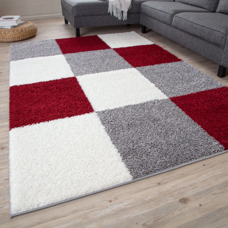 Image of THE RUGS Fluffy & Soft Shaggy Rugs Living Room Rug in Red - Elegant Geometric Design Carpets For Bedrooms & Kitchen 381 Size: 120cm x 170cm Red