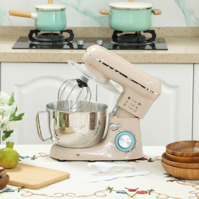 Image of HOMCOM HOMCOM Stand Mixer with 6 Speeds, Pulse, 4.5L Stainless Steel Bowl, Food Mixer in Beige Beige One Size Unisex 5063603045385