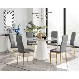 Image of Furniture Box Palma White Marble Effect Round Dining Table and 6 Grey Milan Gold Leg Chairs