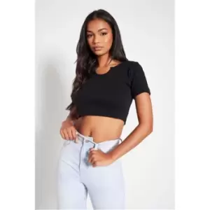 Image of I Saw It First Black Rib Notch Front Short Sleeve Crop Top - Black