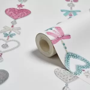 Image of Tiffany White Hearts & Bows Glitter Effect Wallpaper