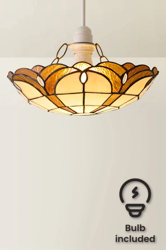 Image of ValueLights ValueLights Tiffany Pair Amber Gold Stained Glass Ceiling Lamp Shades and Bulbs Amber One Size Unisex 5055759975661