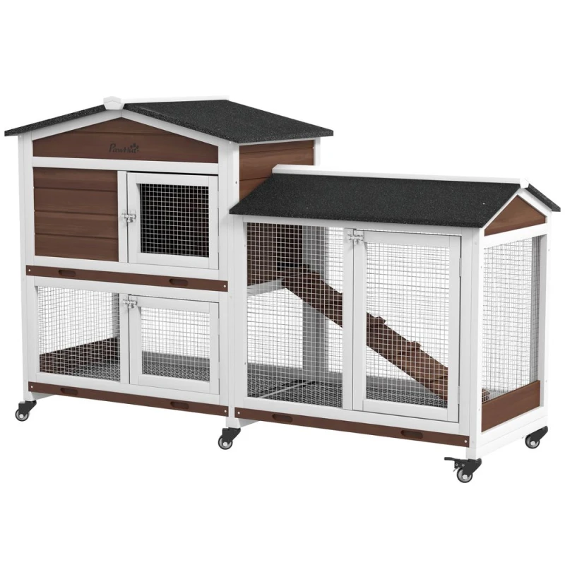 Image of PawHut Wooden Rabbit Hutch w/ Wheels, Run - Brown, Brown D51-314V00BN