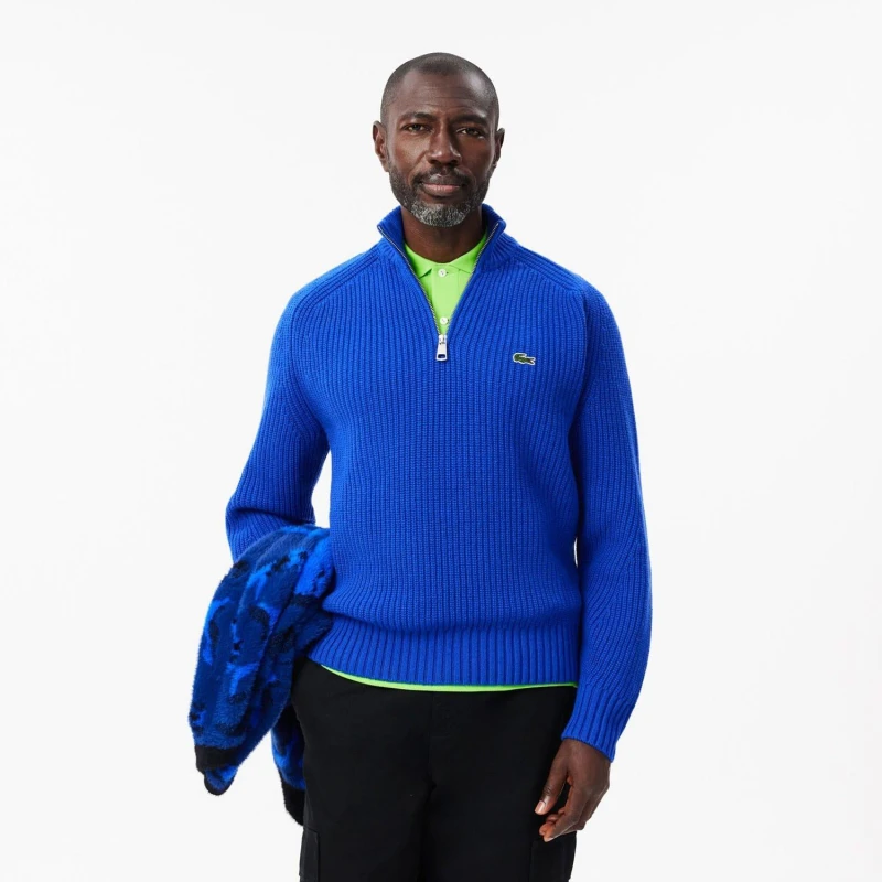 Image of Lacoste Zipped High Neck Carded Wool Sweater Blue male 2XL
