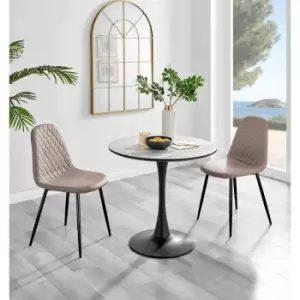 Image of Furniture Box Elina White Marble Effect Round Dining Table and 2 Cappuccino Corona Black Leg Chairs