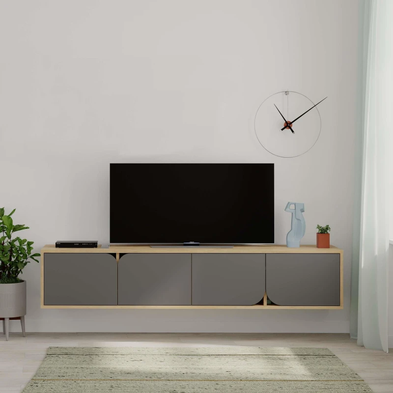 Image of DECORTIE Decortie Spark Modern TV Stand Multimedia Centre TV Unit With Storage Cabinet 180cm - Oak / Anthracite Grey M.TV.23535.6