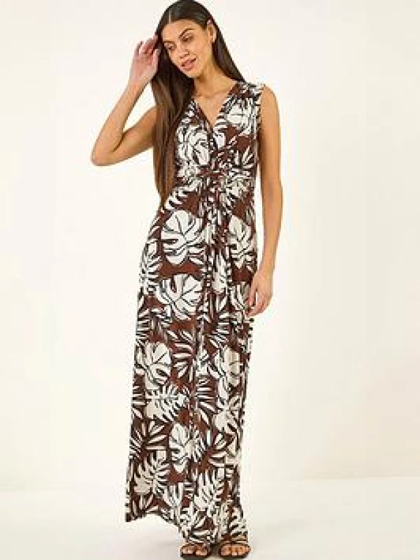 Image of Roman Womens Leaf Twist Front Maxi Dress in Chocolate Size: 10 Chocolate Female 10
