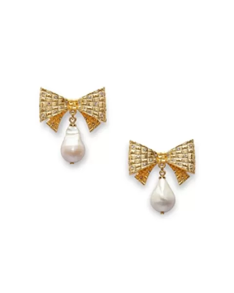 Image of kate spade new york Wrapped In A Bow Pave & Cultured Freshwater Pearl Bow Drop Earrings in Gold Tone