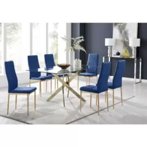 Image of Furniturebox UK - Furniturebox Leonardo 6 Gold Leg Glass Dining Table and 6 Navy Milan Velvet Dining Chairs With Gold Legs Diamond Stitch Modern