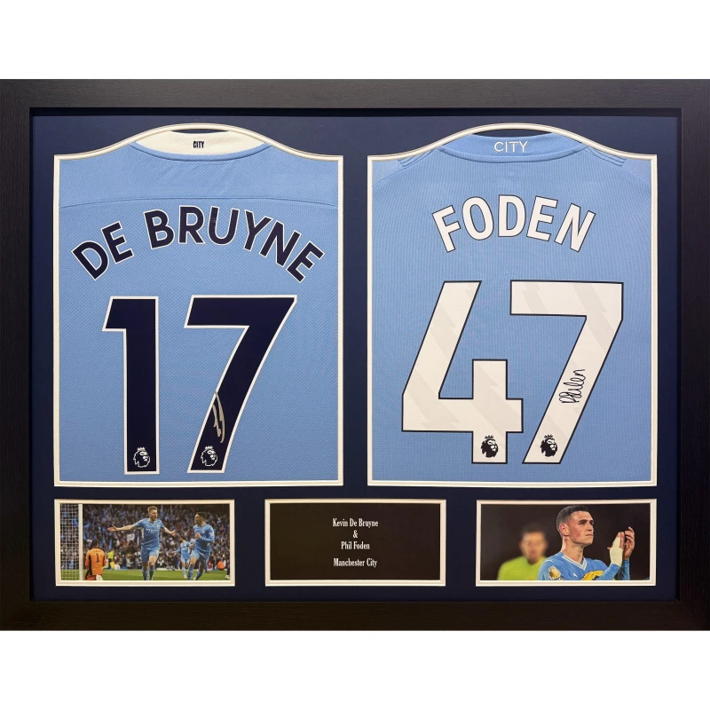 Image of AllStarSignings Ltd Foden & De Bruyne signed Manchester City shirts Blue unisex One Size