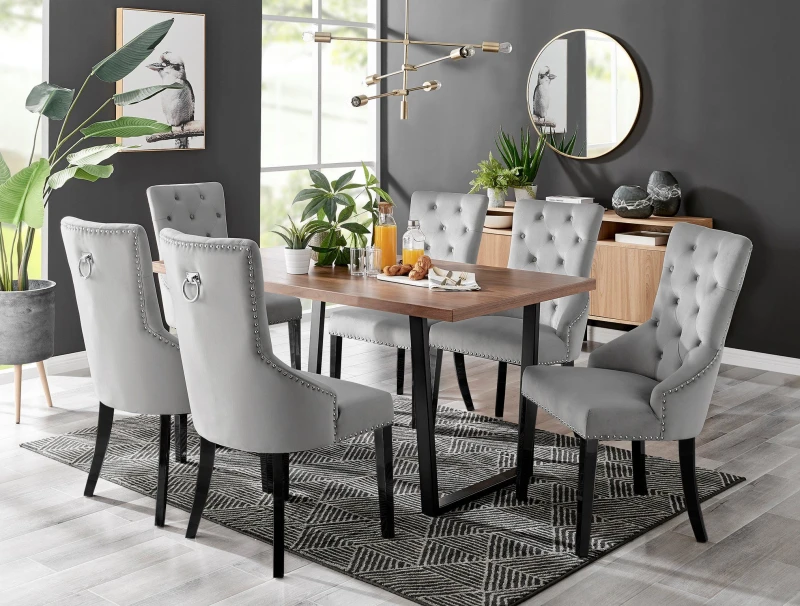 Image of FurnitureboxUK FurnitureboxUK Kylo Large Brown Wood Effect Dining Table & 6 Belgravia Black Leg Velvet Chairs in Grey Grey One Size Unisex 50566571178