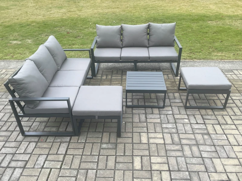 Image of Fimous Aluminium 5 Pieces Garden Furniture Sofa Set with Cushions 8 Seater Outdoor Patio Set with Square Coffee Table 2 Big Footstools in Dark Grey Da