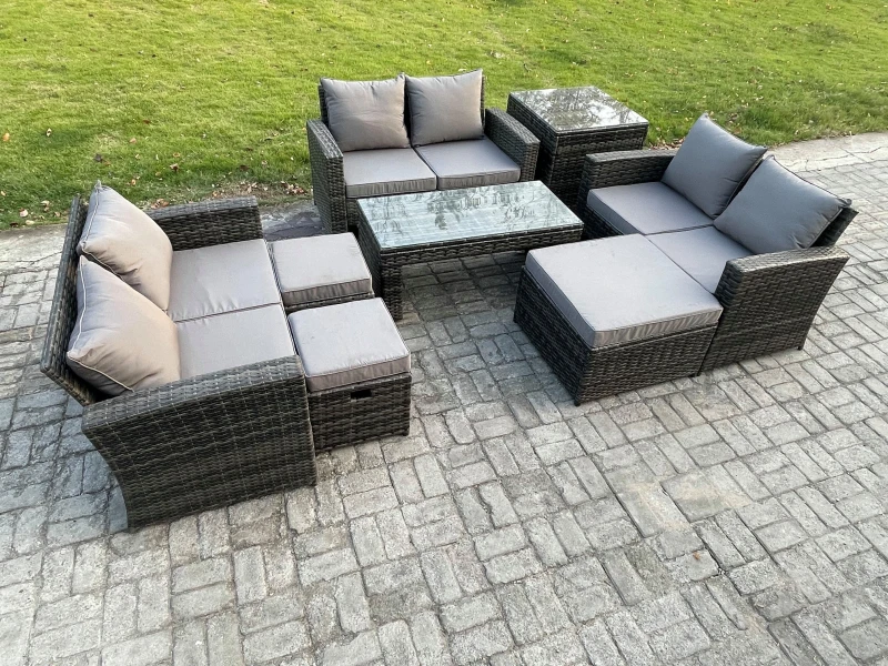 Image of Fimous Outdoor U Shape Sofa Set Wicker Rattan Garden Furniture Set with Coffee Table Double Seat Sofa 3 Footstools in Dark Grey Dark Grey Unisex