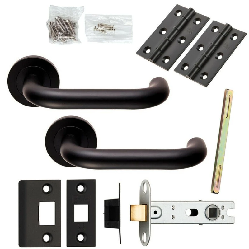 Image of Loops Door Handle & Latch Pack Matt Black Curved Safety Lever Screwless Round Rose Black