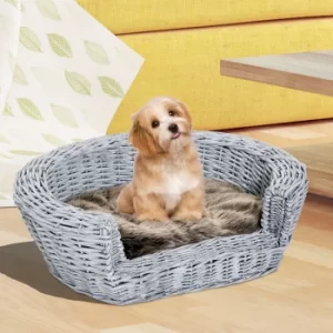 Image of PawHut Pet Basket Sofa Bed, 57Lx46Wx17.5H cm, Willow Rattan-Grey