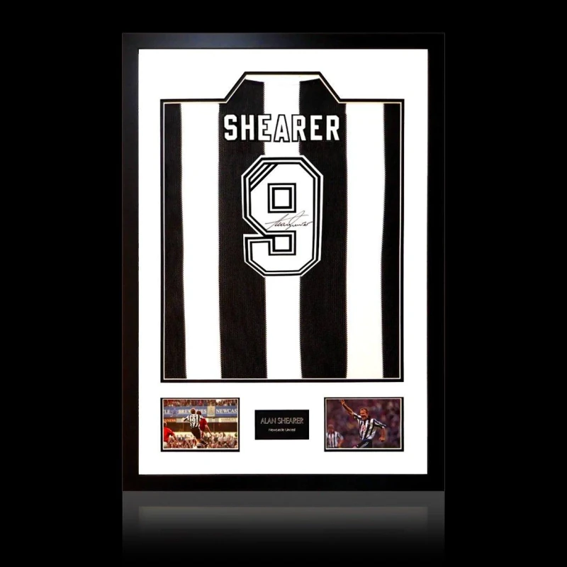 Image of The Fan Cave Alan Shearer Signed Retro Newcastle United Shirt P Black unisex 850x600mm