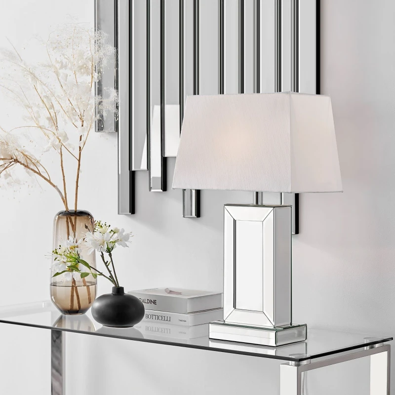 Image of FurnitureboxUK FurnitureboxUK Talia Energy Efficient Tall Mirrored Table Lamp Light With Fabric Shade (Including Bulb) in White White One Size Unisex