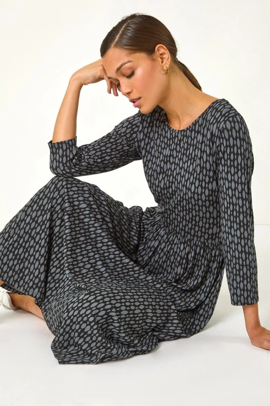 Image of Roman Geometric Pocket Stretch Midi Dress Grey