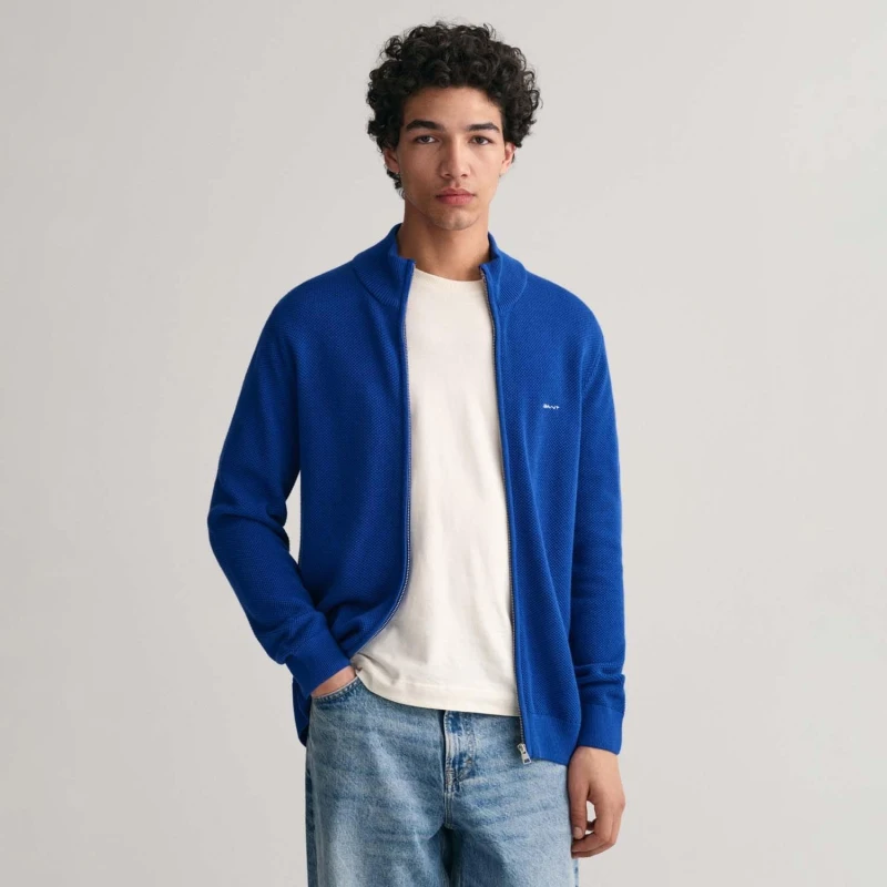 Image of Gant Cotton Piqu Zipped Cardigan - Blue Blue S