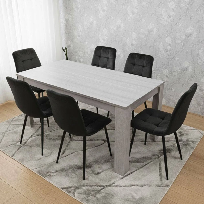 Image of KOSY KOALA Modern Grey Dining Table Set with 6 Black Velvet Chairs Black Unisex