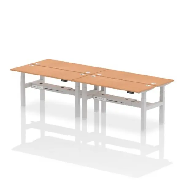 Image of Air Air Back-to-Back 1600 x 600mm Height Adjustable 4 Person Bench Desk Oak Top with Cable Ports Silver Frame HASCP4P16600OAKS