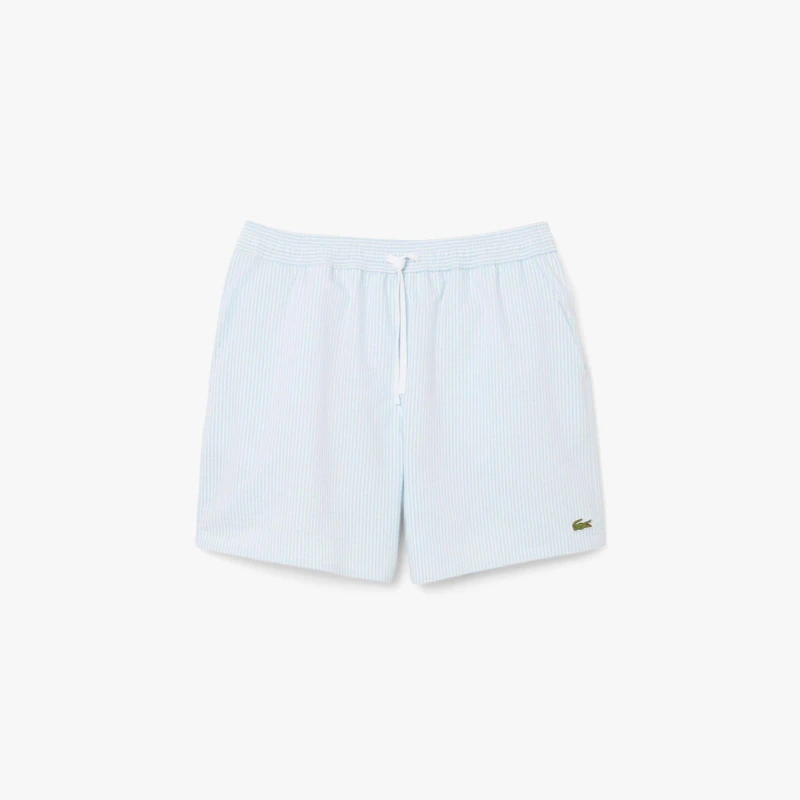 Image of Lacoste Mid-Length Striped Textured Swim Trunks White male S