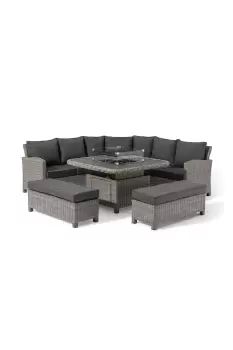 Image of Santiago Deluxe Square Rattan Corner Dining Set with Rising Firepit Table in Grey