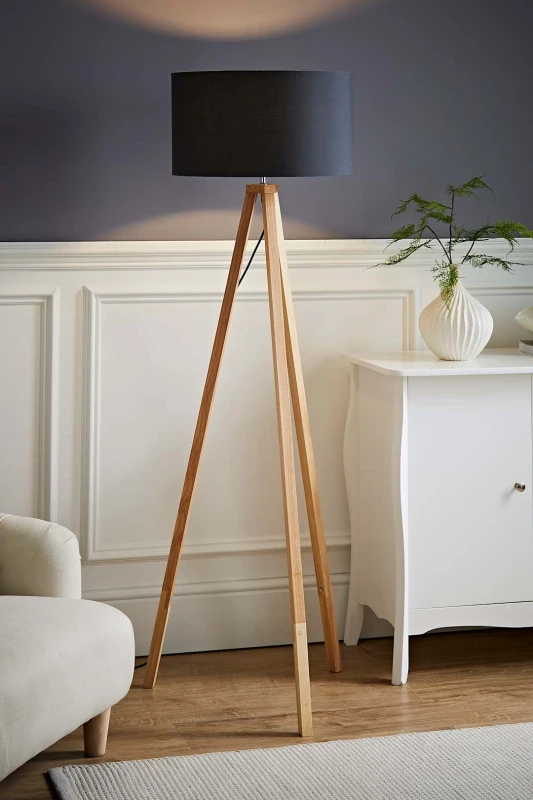 Image of ValueLights ValueLights Barbro Light Wood Tripod Floor Light Lamp with Reni Drum Shade in Grey Grey One Size Unisex 5059406035050