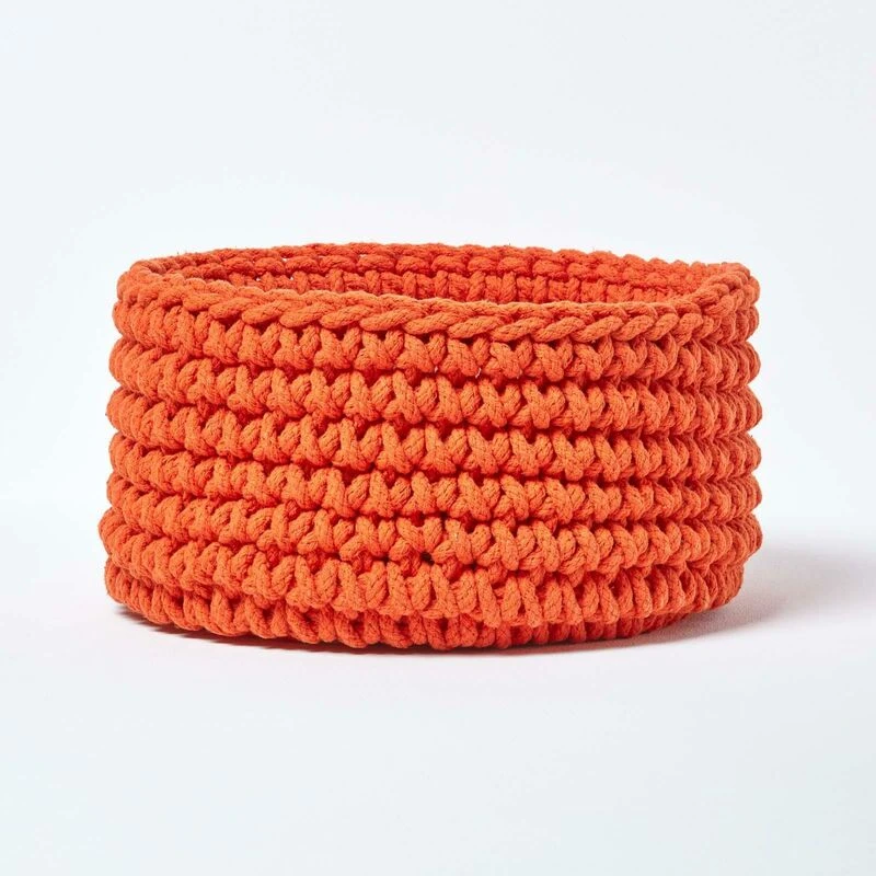 Image of Homescapes Cotton Knitted Round Storage Basket, 37 x 21cm Burnt Orange