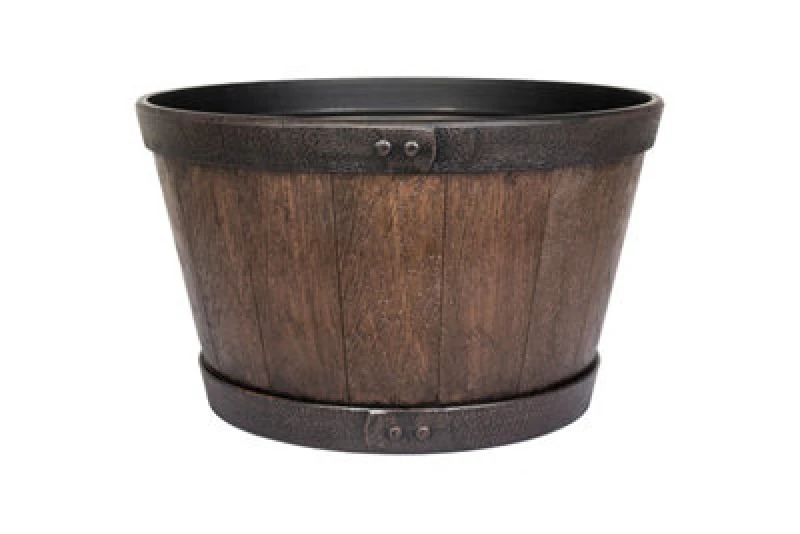 Image of Plant Avenue Lightweight Recycled Plastic Garden Pot Planter With Drainage Holes Oban Whiskey Barrel - L45 X W45 X H26cm - Dark Oak