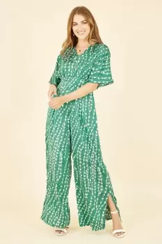 Image of Green Abstract Print Kimono Sleeve Jumpsuit