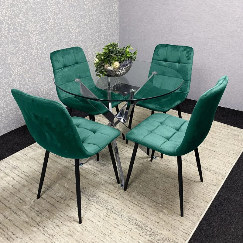 Image of KOSY KOALA Modern Round Glass Dining Table Set With 4 Green Velvet Chairs Dining Room Furniture in Brown Brown Unisex