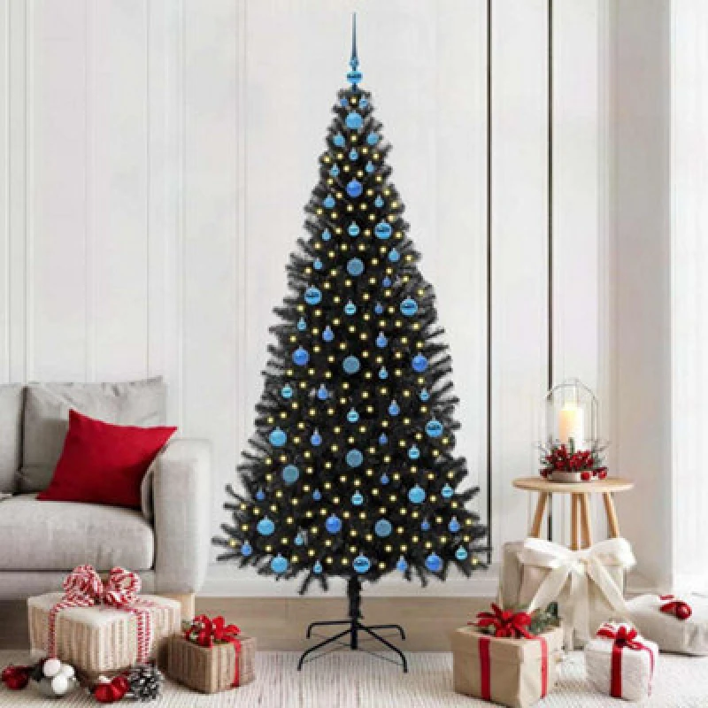 Image of vidaXL Christmas Tree with 300 LEDs with Stand, Blue Balls Black 210cm PVC, Black 3396494
