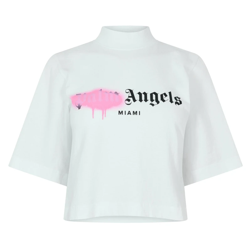 Image of Palm Angels Womens Vegas Cropped T-Shirt White Pink female 18 (2XL)