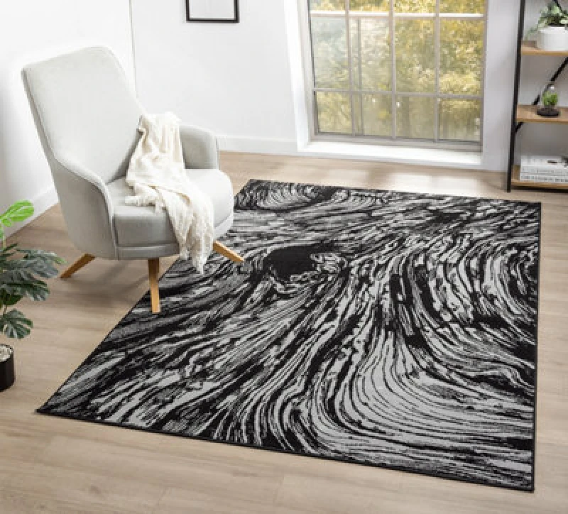 Image of Obsidian Modern Low Pile Area Rug - Whirlpool Design Grey 120Cm X 170Cm