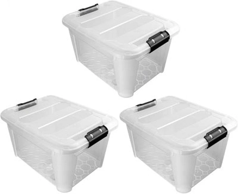 Image of JVL Plastic Secure Clip Lidded Storage Box, Stackable & Nestable, Clear, Set of 3, 30L, Clear 13-552-3
