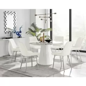 Image of Furniturebox Palma White Marble Effect 120cm Round Minimalist Dining Table & 6 Cream Pesaro Silver Leg Velvet Chairs